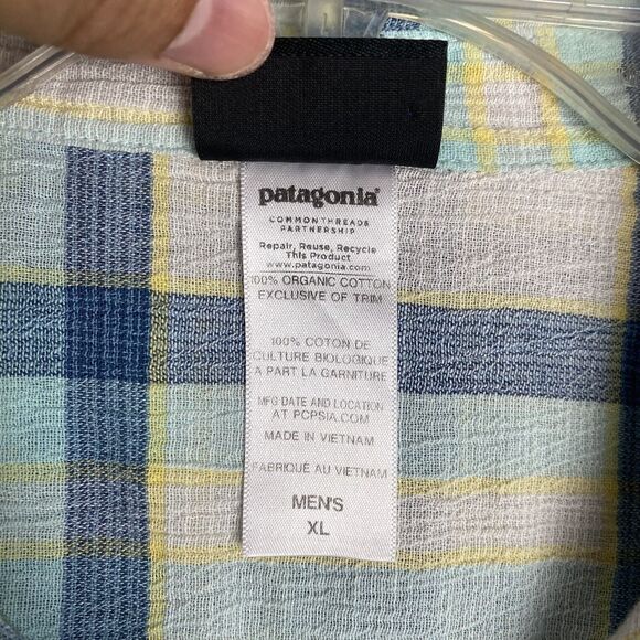 Patagonia Organic Cotton Button Up Short Sleeve Plaid XL Great Condition Green - Picture 6 of 7